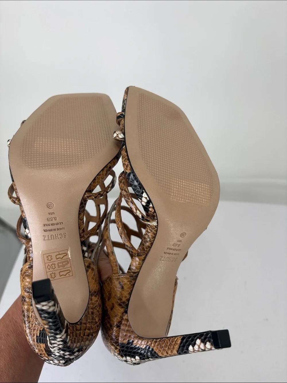 🐳 nwob SCHUTZ Brown Snake-Print Strappy cage High Heel Sandal Julianna.